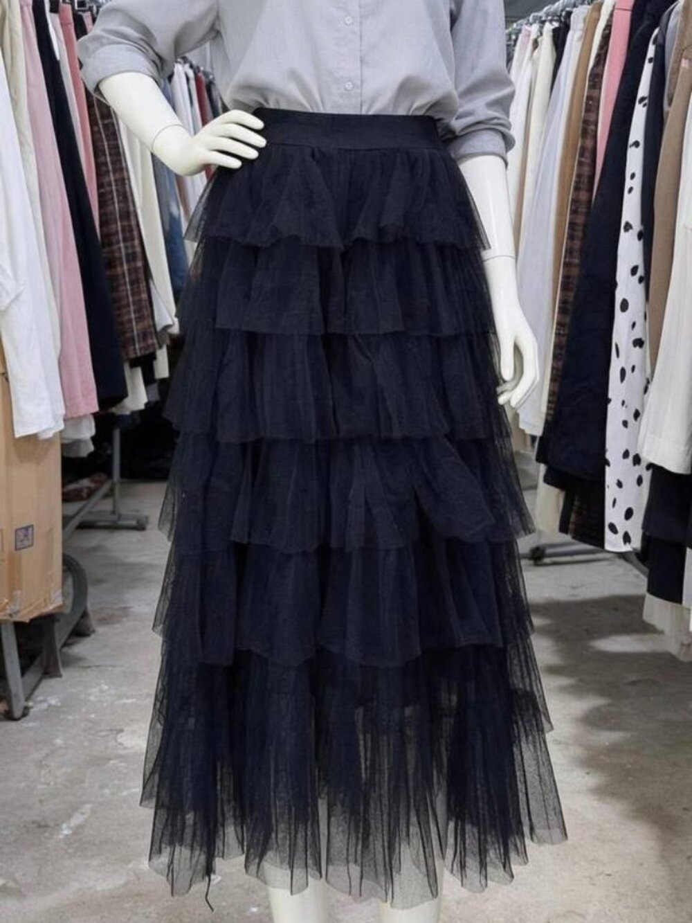Black Tiered Tulle Maxi Skirt – Layered Ruffle Mesh Skirt